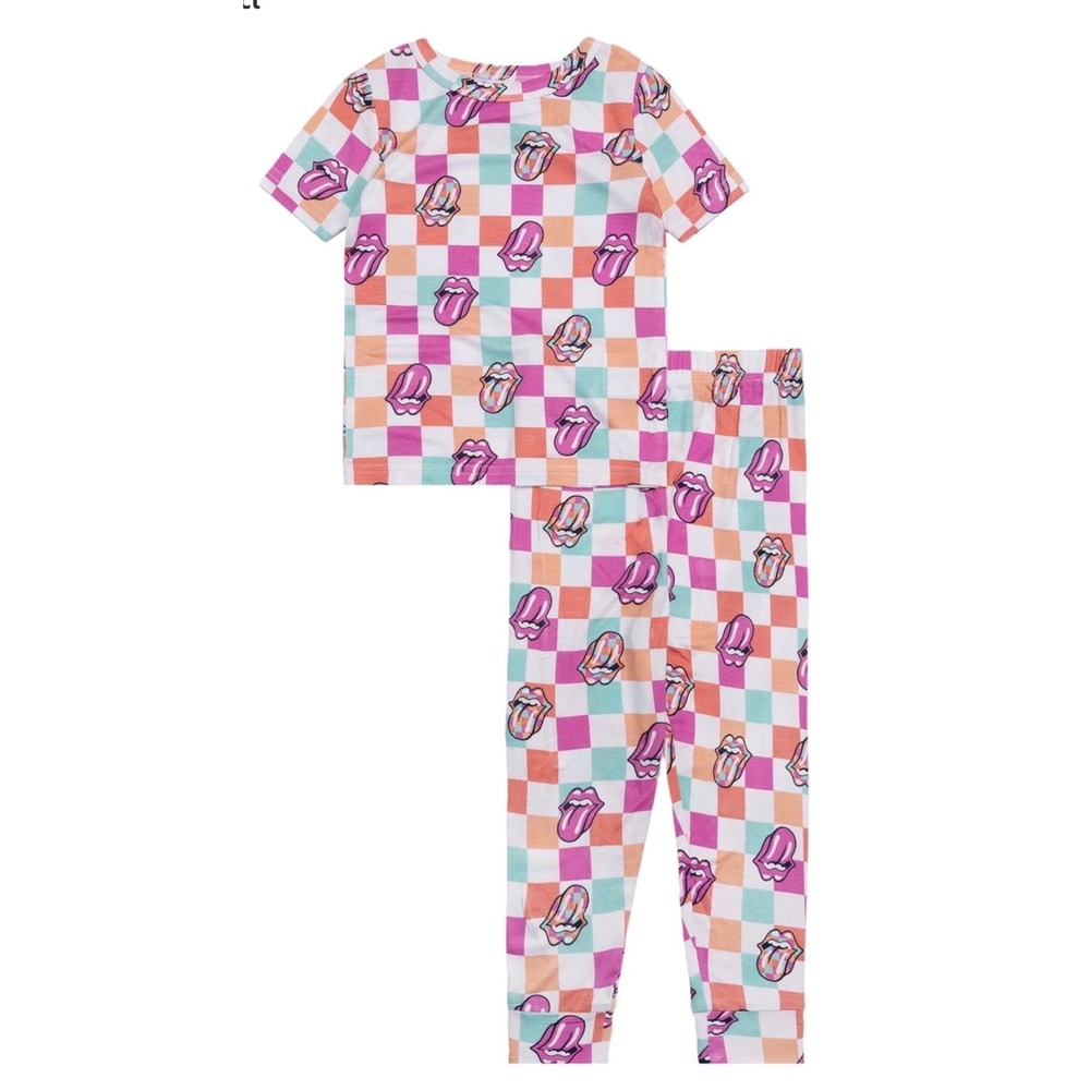 The Rolling Stones Toddler Girls 12M Pajama Set 2pc Checkered Tongue Logo NWT